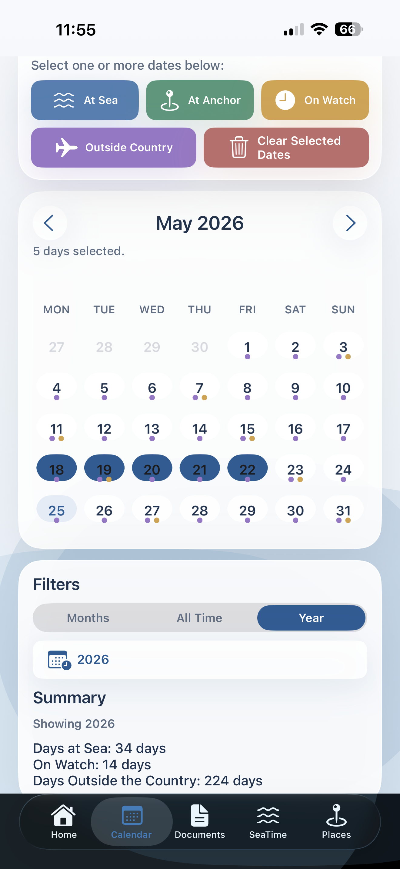 SeaSmart Calendar with days at sea and outside-country categories