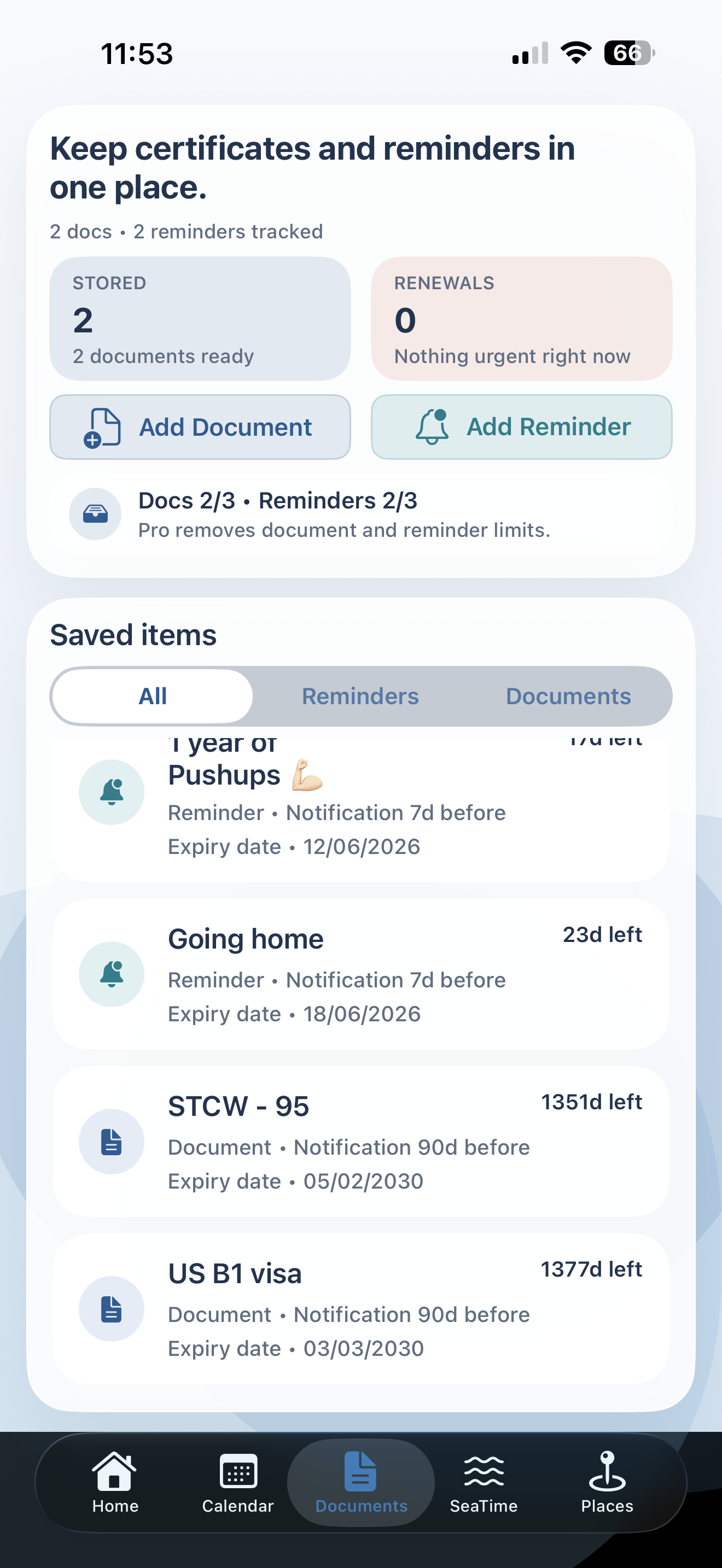 SeaSmart Documents and reminders overview