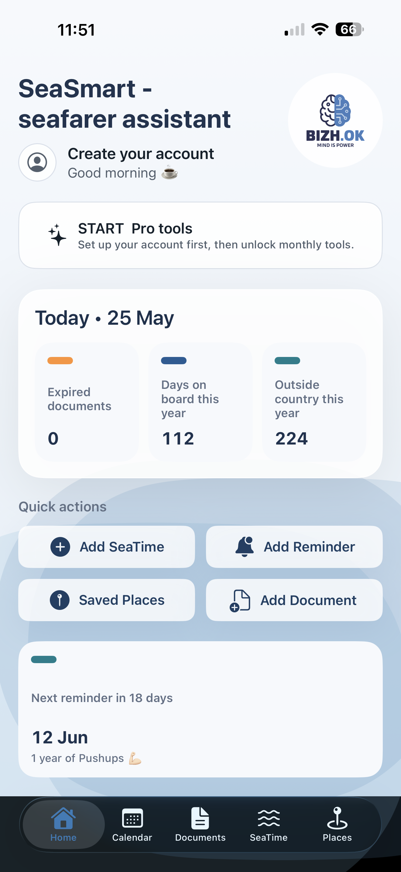 SeaSmart Home dashboard with quick actions and yearly totals