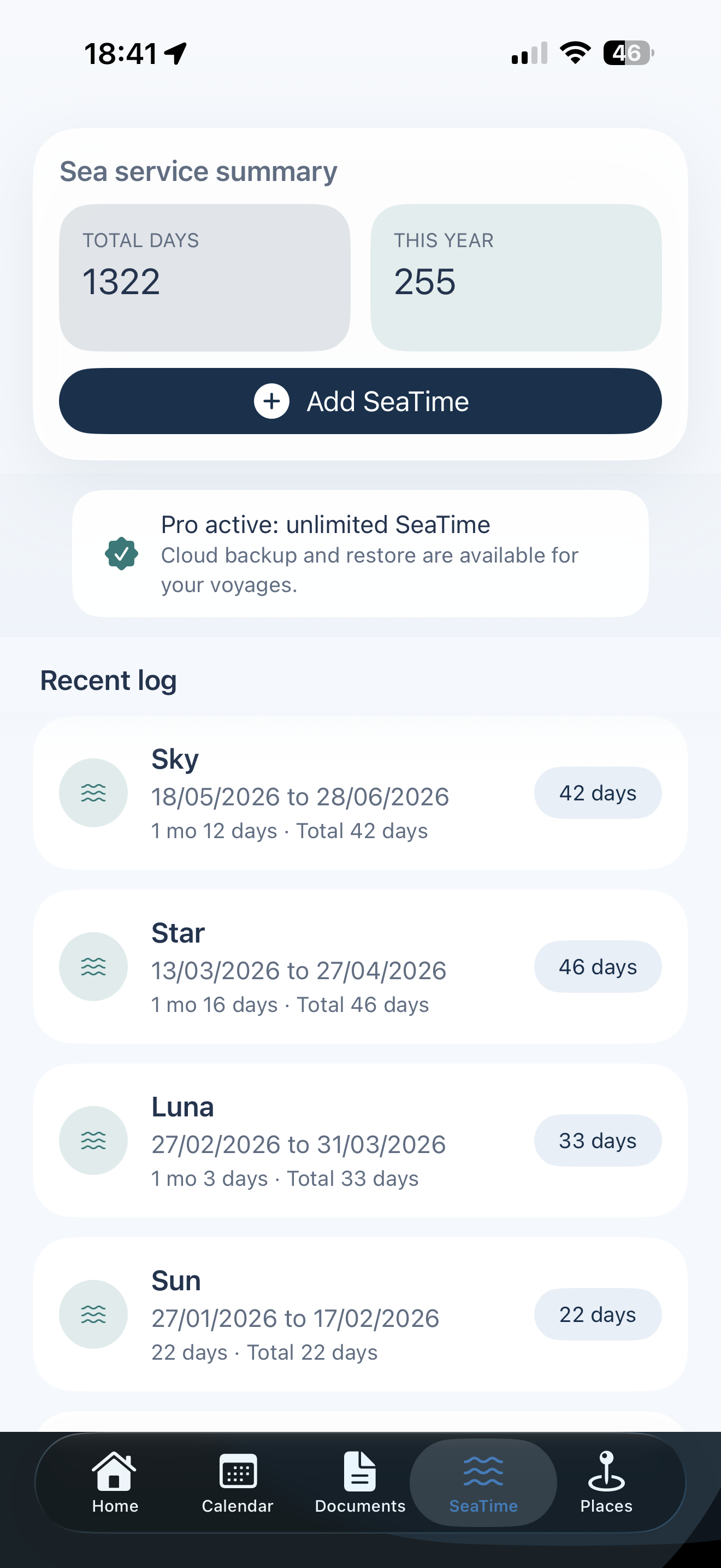 SeaSmart SeaTime voyage history and yearly totals