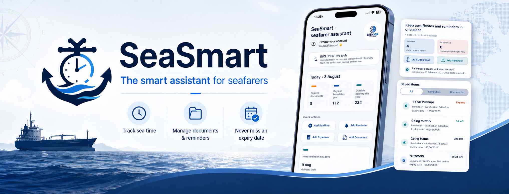 SeaSmart, the smart assistant for seafarers: track sea time, manage documents and reminders, and never miss an expiry date
